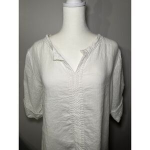 Terzo Millennio Linen Top Small White Bell Sleeve Half Sleeve V Neck Embroidered